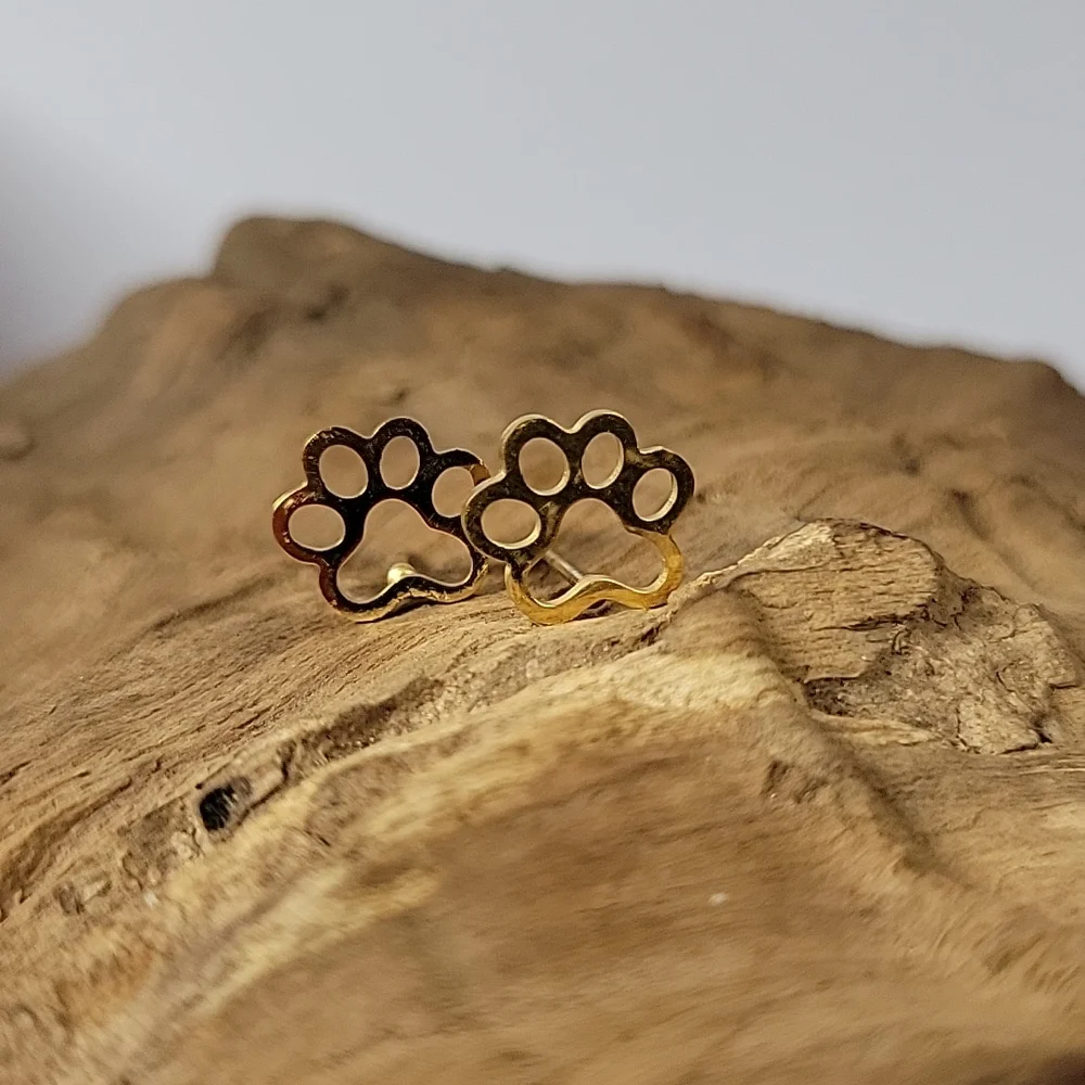 Pawprint Gold Hollow Stud Earrings, unisex, choice of color - Picture 5 of 9